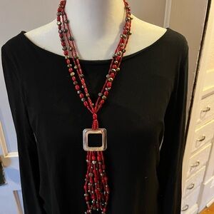 Fabulous red coral and pearl sterling silver long necklace..